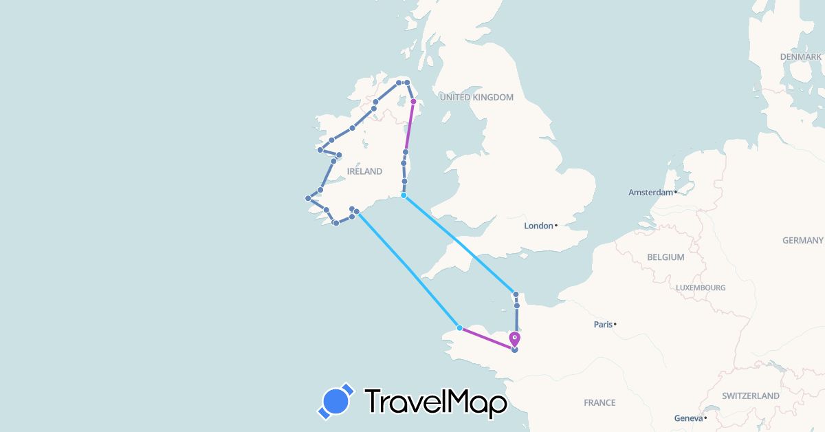 TravelMap itinerary: driving, cycling, train, boat in France, United Kingdom, Ireland (Europe)